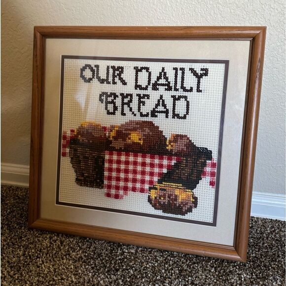 Vintage Cross-stitch Religious „Our Daily Bread“ Framed Picture 14“ by 14.5“ - Picture 1 of 3